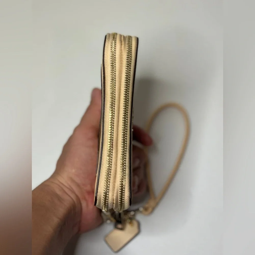 Coach Beige Leather Zip Around Wristlet Wallet